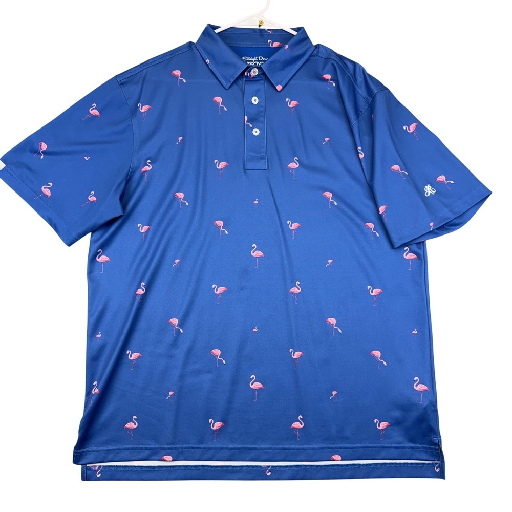 Straight Down Polo Shirt Mens Large Blue Flamingo Print Golf Performance Stretch